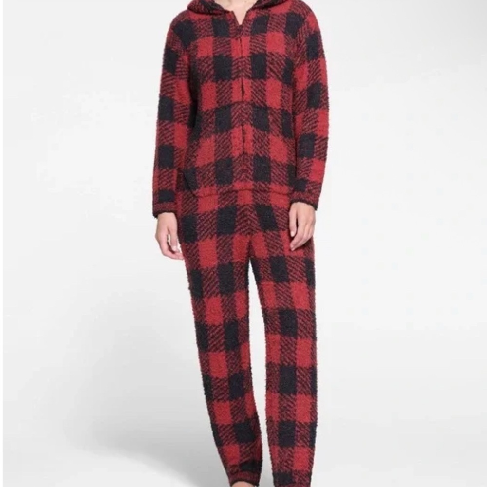 SKIMS cozy unisex onesie brick buffalo check